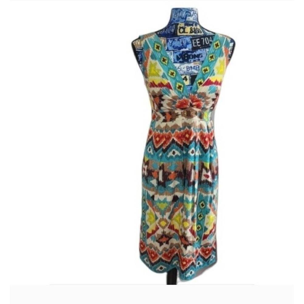 Nicole Miller V Neck Silk Sleeveless Patterned Dress Multi Knee Length P